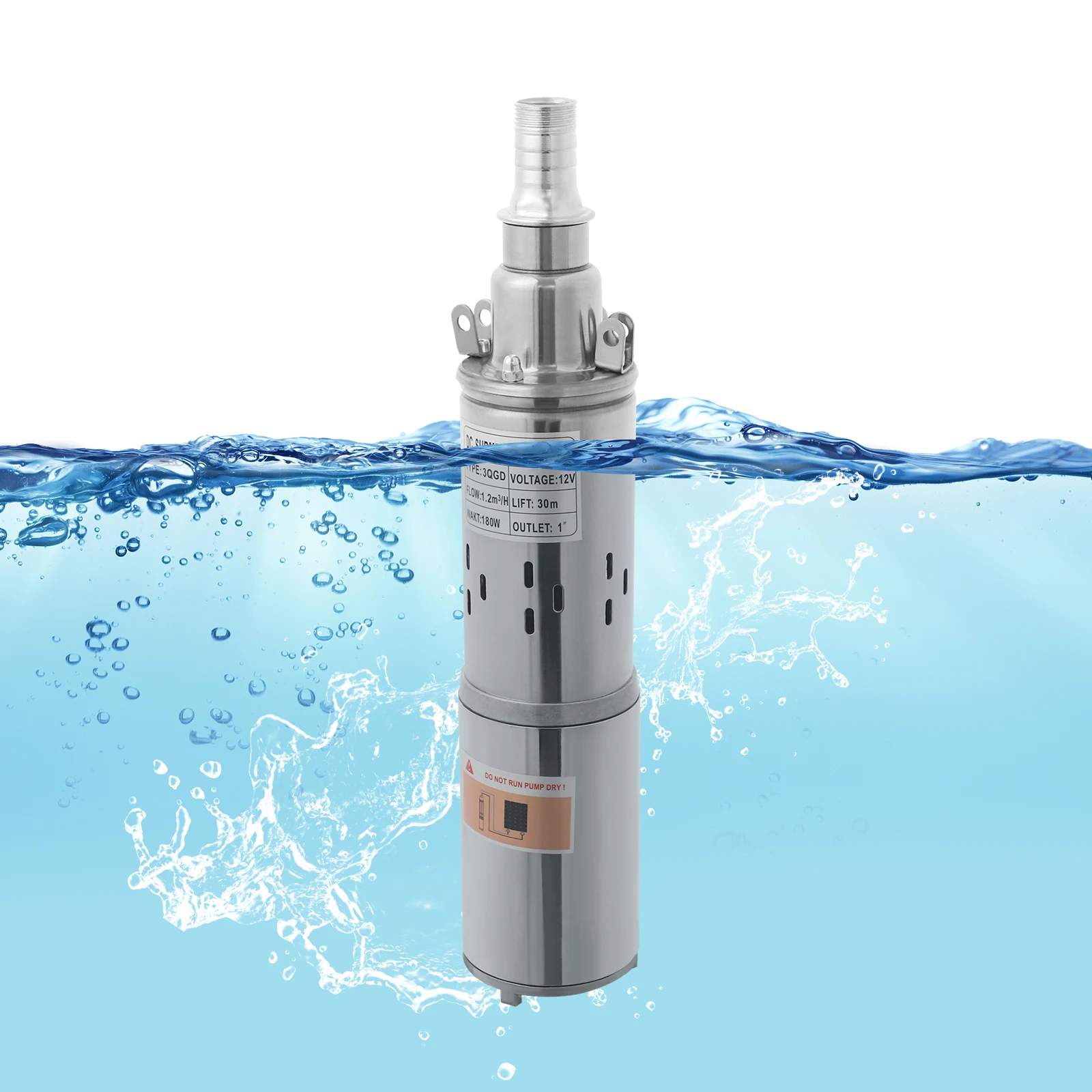 12V Solar Water Pump 180W 98ft Lift Stainless Steel Submersible Pump IP68 Waterproof for Deep Well Pond Irrigation Off-Grid Use