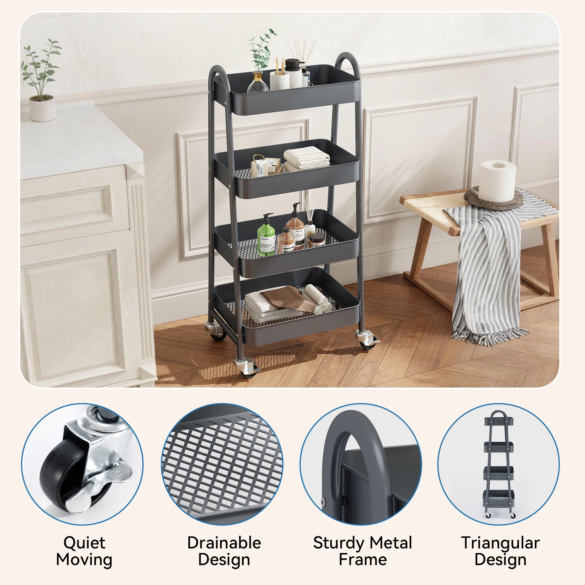 JHK 4 Tier Metal Storage Kitchen Cart with Lockable Wheels Mobile Shelving Unit Utility Rolling Organizer For Home Narrow Places