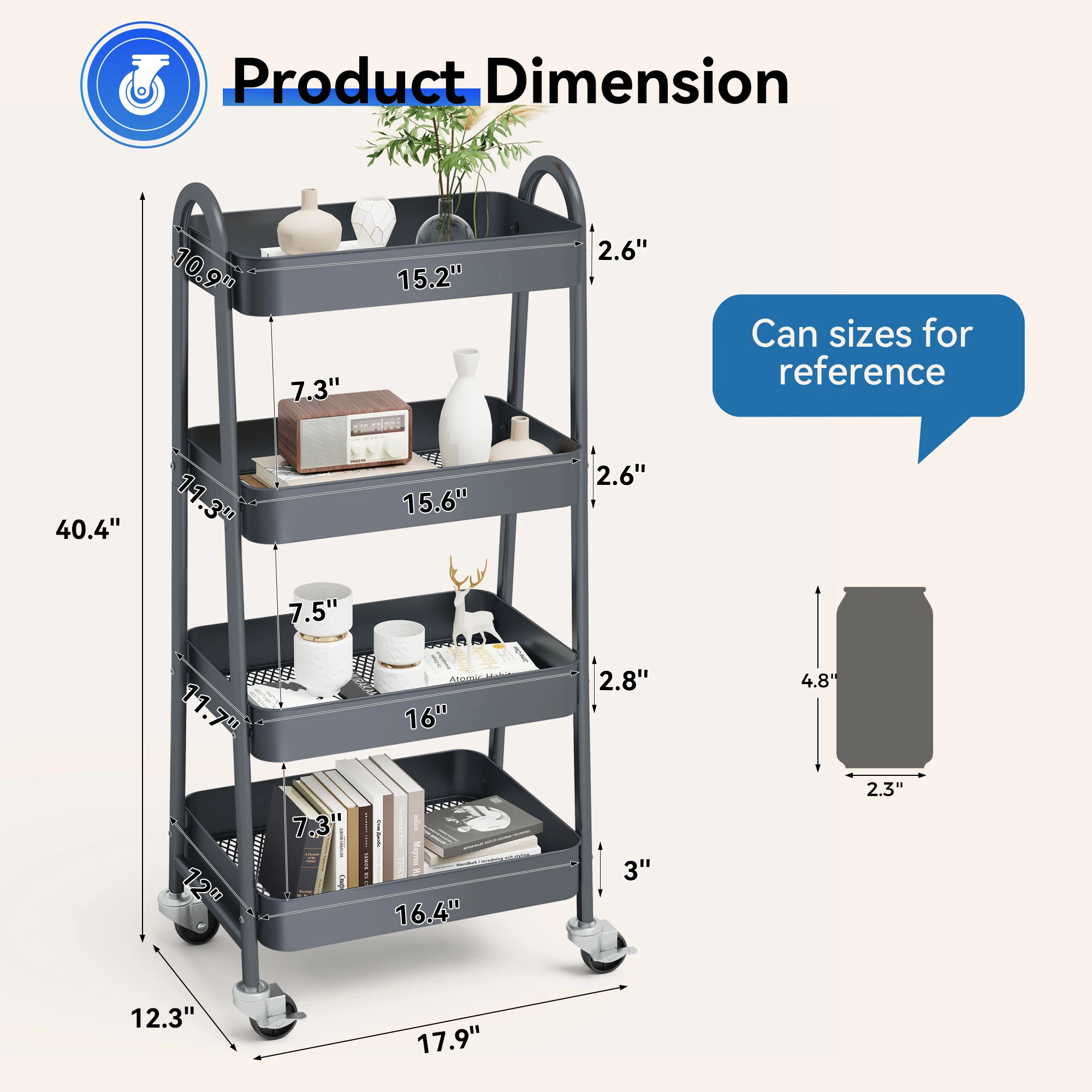 JHK 4 Tier Metal Storage Kitchen Cart with Lockable Wheels Mobile Shelving Unit Utility Rolling Organizer For Home Narrow Places