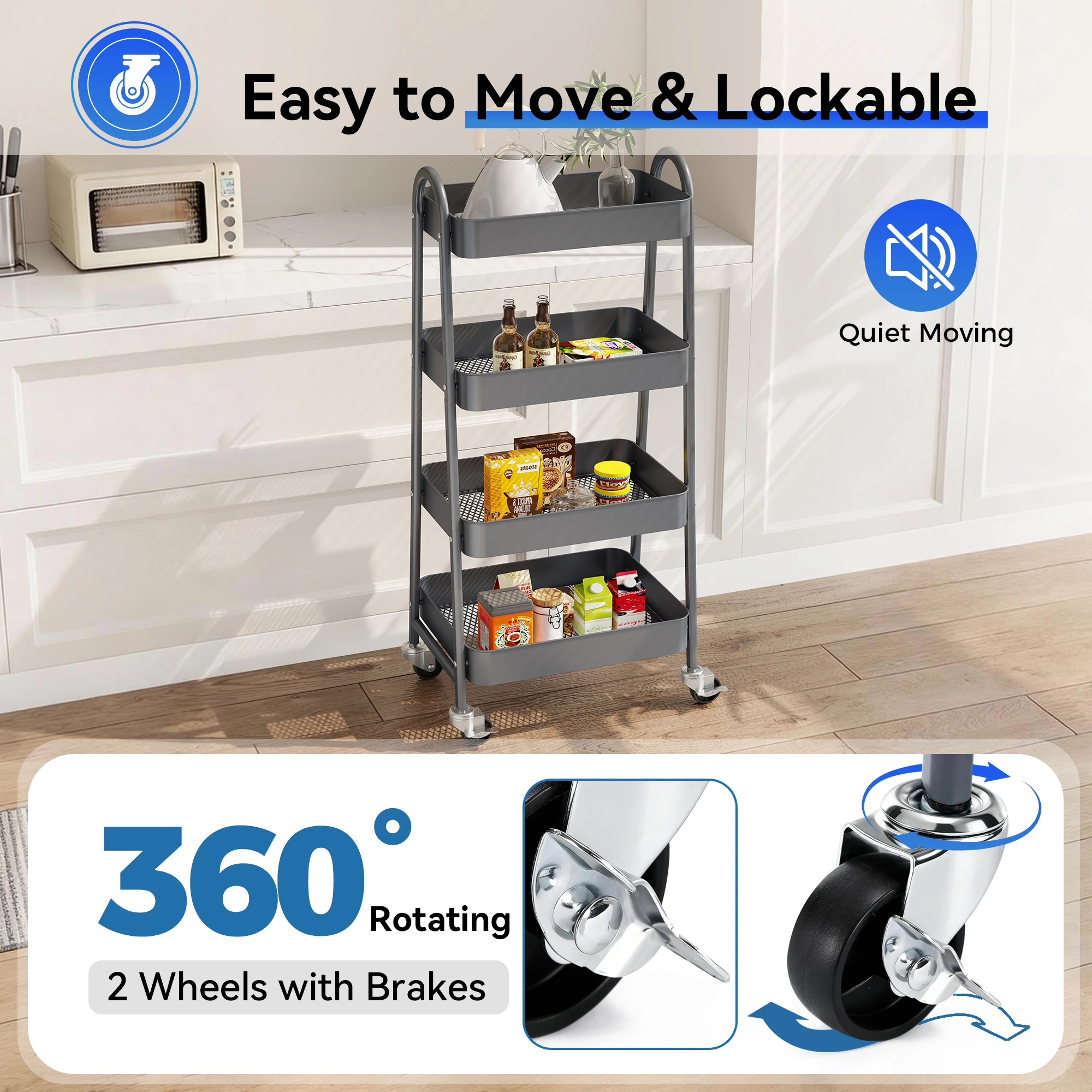 JHK 4 Tier Metal Storage Kitchen Cart with Lockable Wheels Mobile Shelving Unit Utility Rolling Organizer For Home Narrow Places