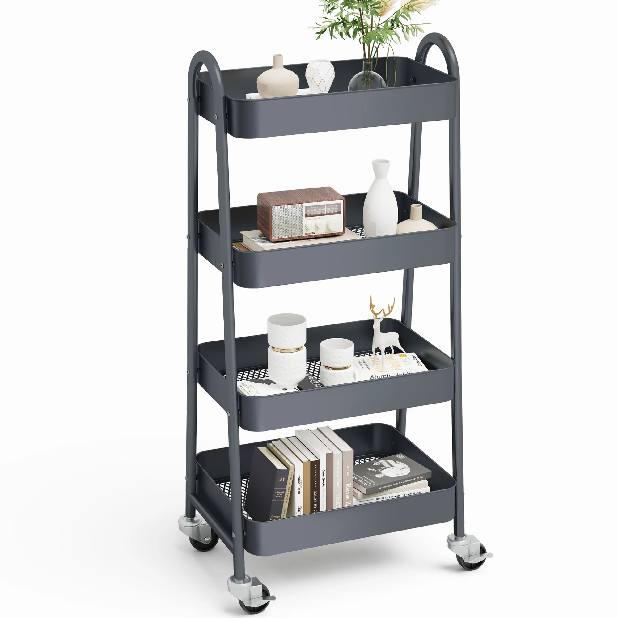 JHK 4 Tier Metal Storage Kitchen Cart with Lockable Wheels Mobile Shelving Unit Utility Rolling Organizer For Home Narrow Places
