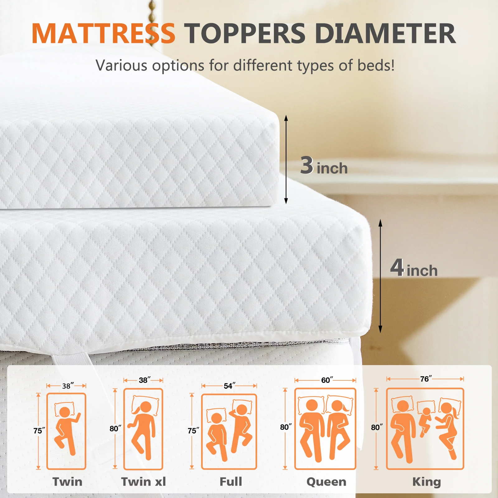 JHK 4 Inch Mattress Topper with Fabric Cover Memory Foam Thick Gel Infused Cooling Toppers Pad and Breathable Bed Topper