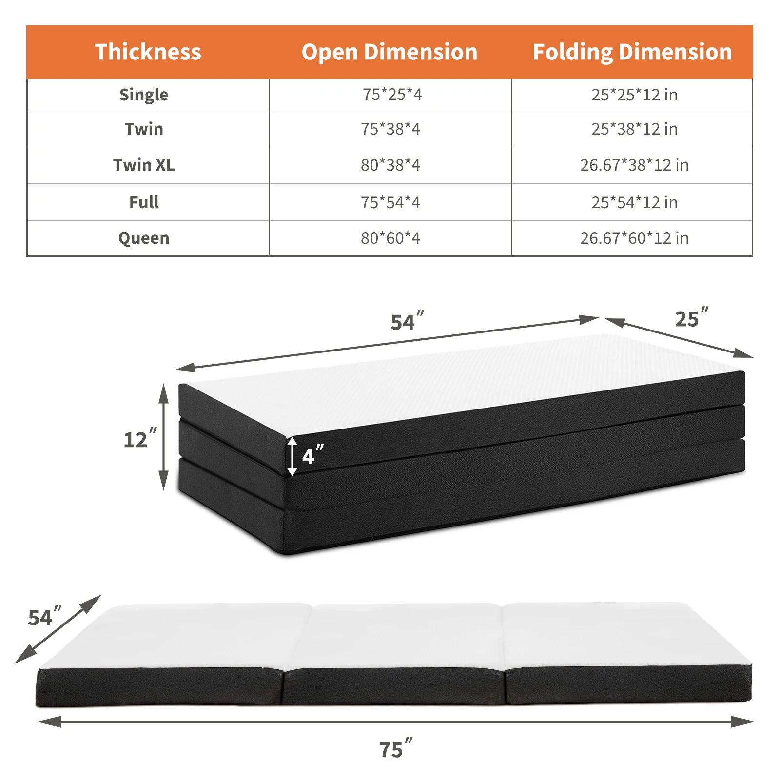 MCQ Foldable Tri-fold Mattress 4 Inch Portable Soft Bed Pad Collapsible and Washable Cover with CertiPUR-US Certified for Home