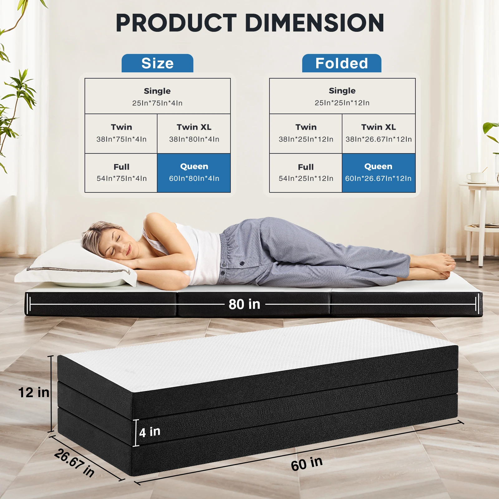 MCQ Foldable Tri-fold Mattress 4 Inch Portable Soft Bed Pad Collapsible and Washable Cover with CertiPUR-US Certified for Home