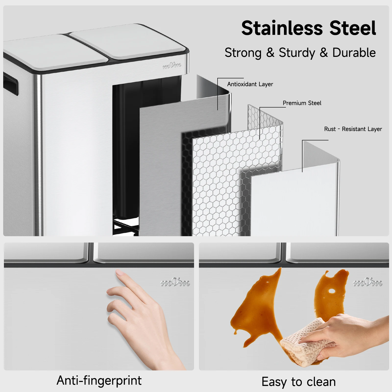 mVm Trash Can Stainless 60L/40L/45L Kitchen Step Trash Bin for Recycling Waste Sorting Soft Close Lid Double Lid