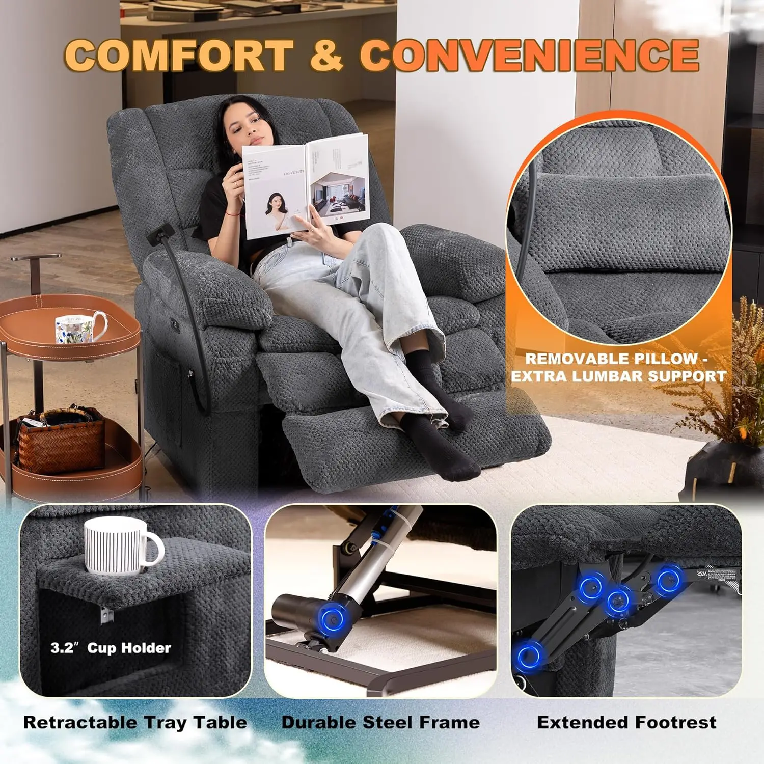 Dual Motor Lift Recliner Heat Massage Infinite Position Cup Phone Holder USB Arms Pillow Elderly Gray L Customized