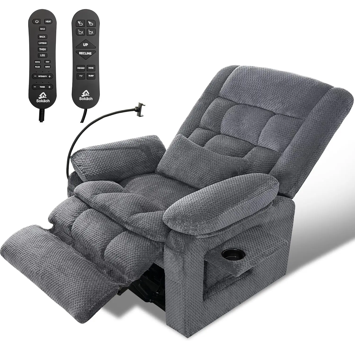 Dual Motor Lift Recliner Heat Massage Infinite Position Cup Phone Holder USB Arms Pillow Elderly Gray L Customized