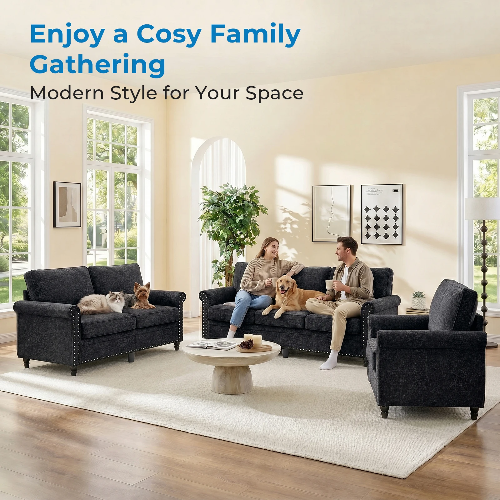 Modern 3PCS Chenille Sofa Set Thick Cushion Rivet Design Living Room Couch with Wood Frame & Gourd Shape Legs