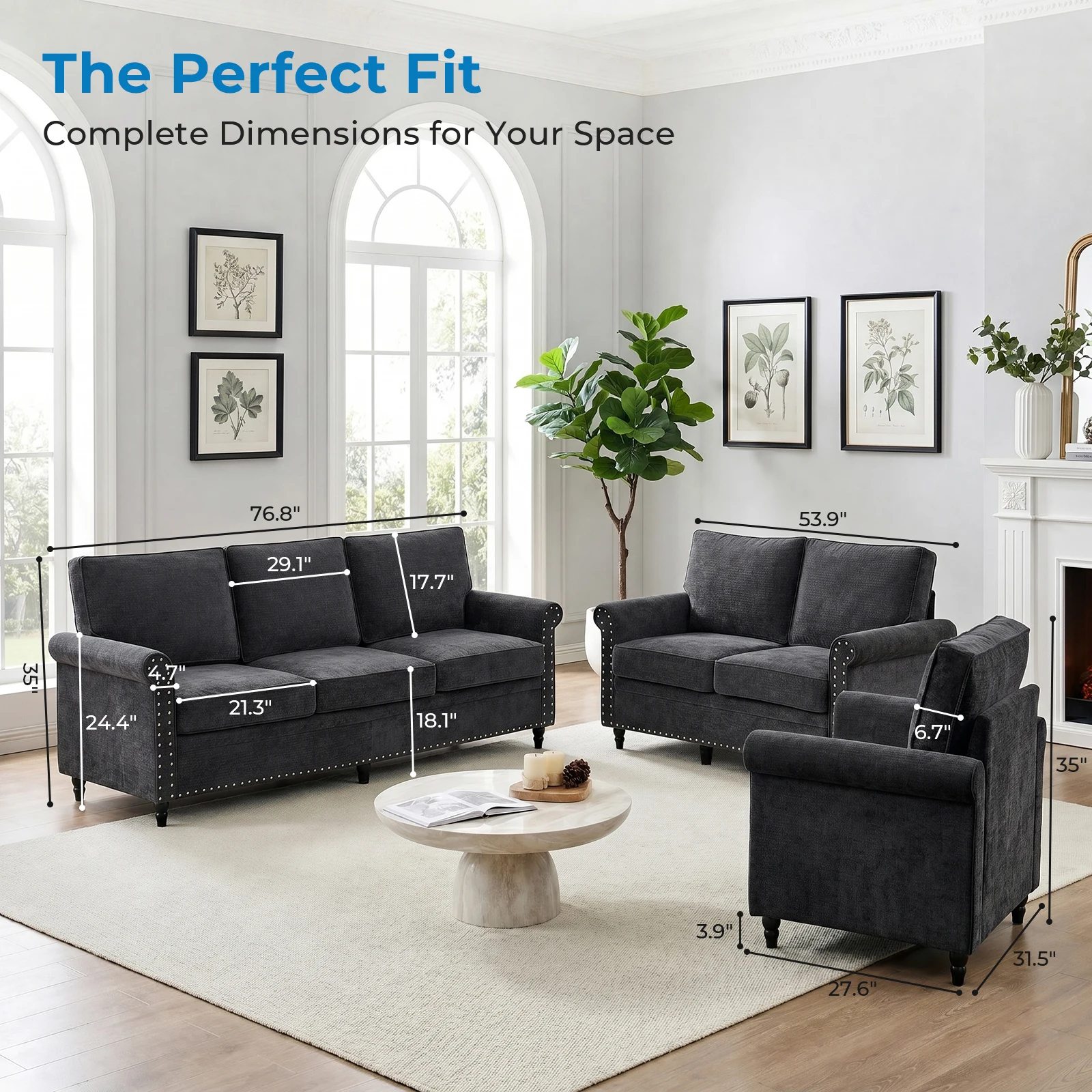 Modern 3PCS Chenille Sofa Set Thick Cushion Rivet Design Living Room Couch with Wood Frame & Gourd Shape Legs
