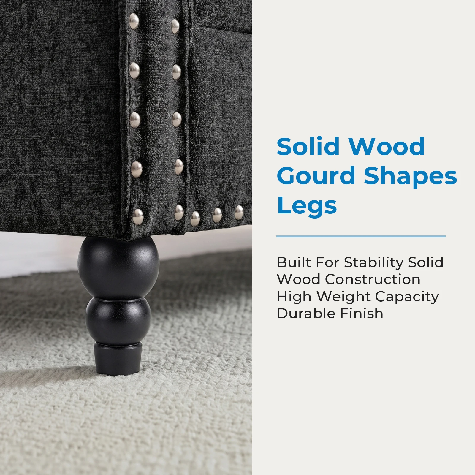 Modern 3PCS Chenille Sofa Set Thick Cushion Rivet Design Living Room Couch with Wood Frame & Gourd Shape Legs