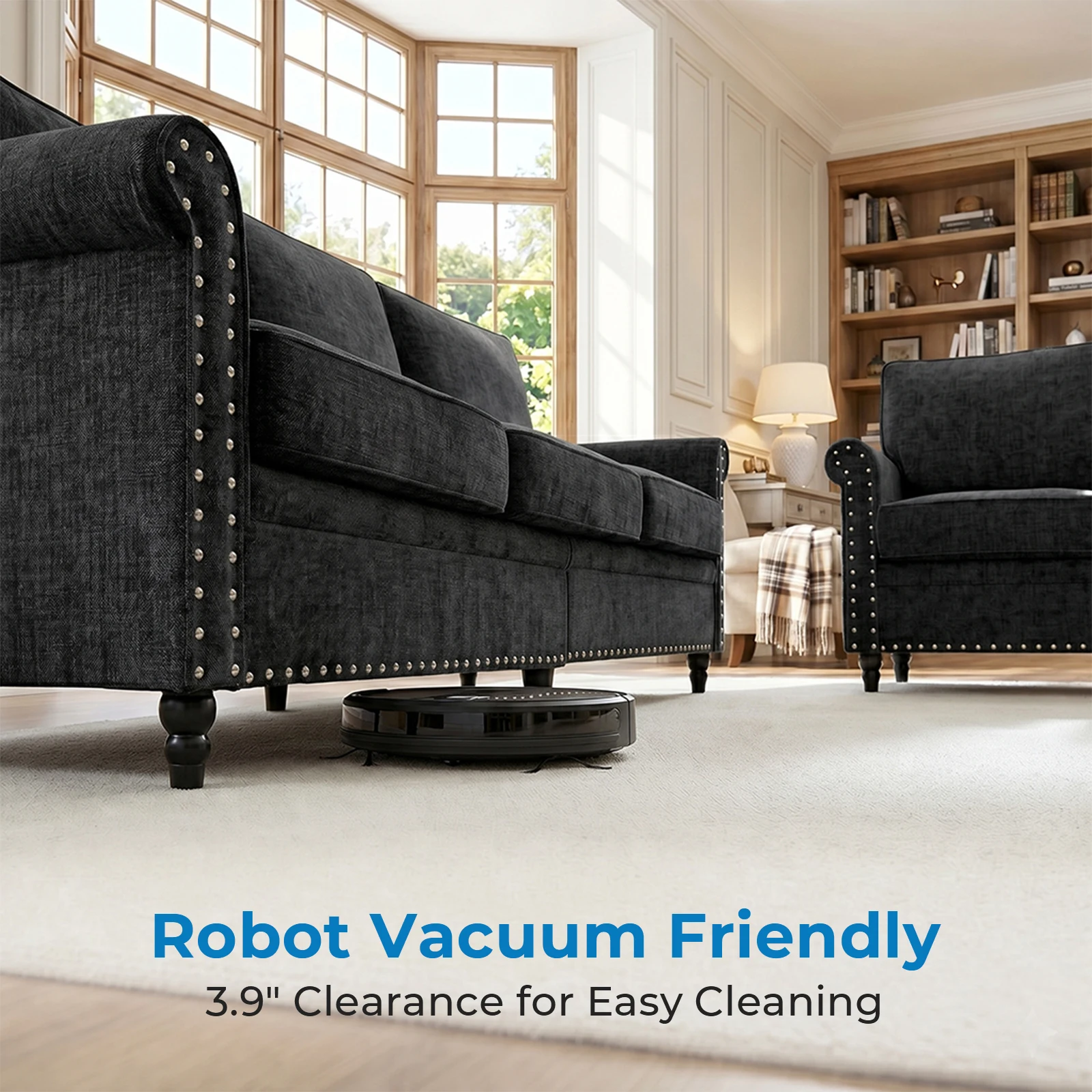 Modern 3PCS Chenille Sofa Set Thick Cushion Rivet Design Living Room Couch with Wood Frame & Gourd Shape Legs