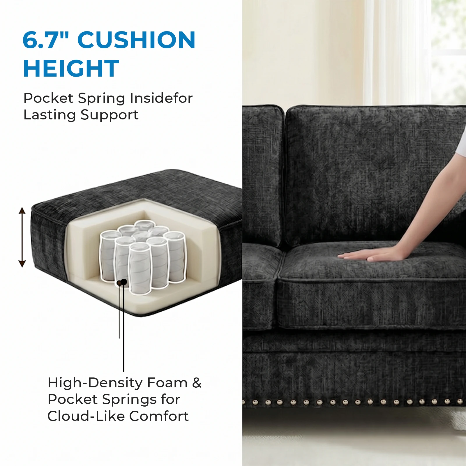 Modern 3PCS Chenille Sofa Set Thick Cushion Rivet Design Living Room Couch with Wood Frame & Gourd Shape Legs