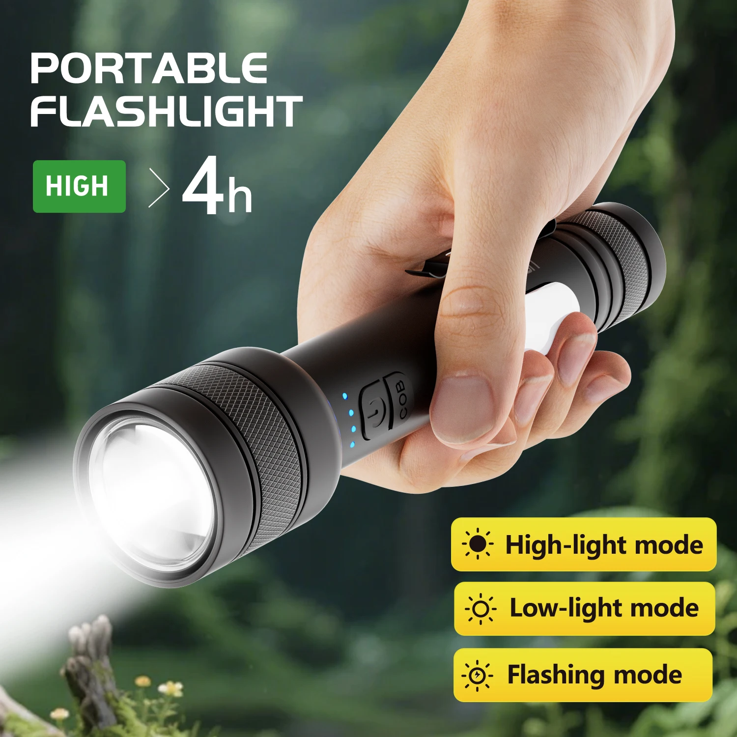 Portable Flashlight with Side-Mounted Led Light, Three-Level Dimming (High Brightness/Low Brightness/Strobe), with Power Bank Function, Supports Mobile Phone Charging, 2000Mah USB Charging, Work Lighting, Outdoor Camping Emergency Light
