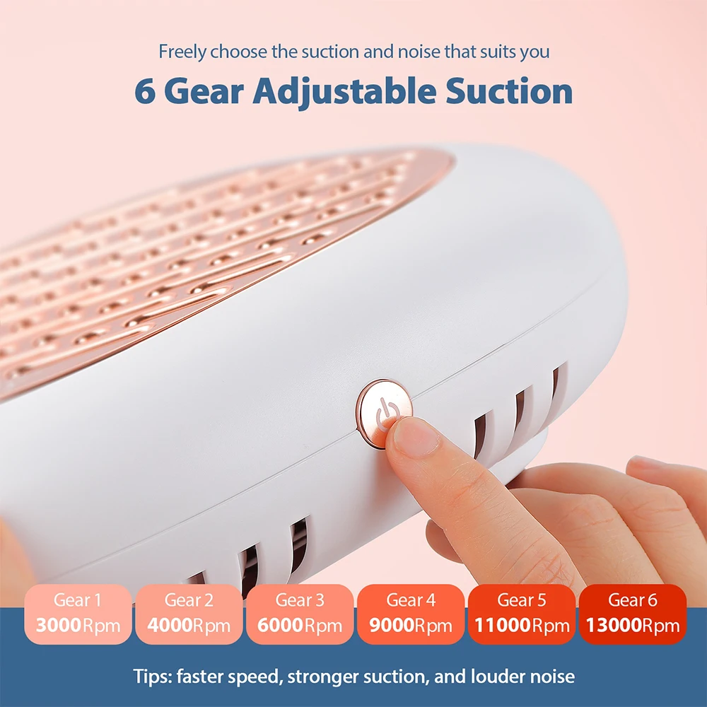 130W High Power Mini Nail Dust Collector Vacuum Cleaner 6 Gear Adjustable Suction Manicure Extractor Fan with High Density Filter for Nail Salon Personal Use