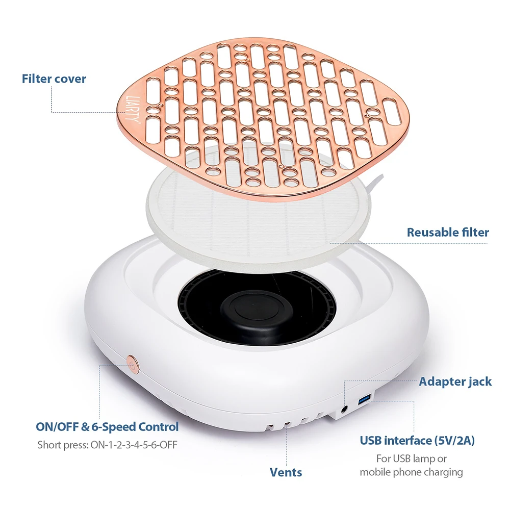 130W High Power Mini Nail Dust Collector Vacuum Cleaner 6 Gear Adjustable Suction Manicure Extractor Fan with High Density Filter for Nail Salon Personal Use