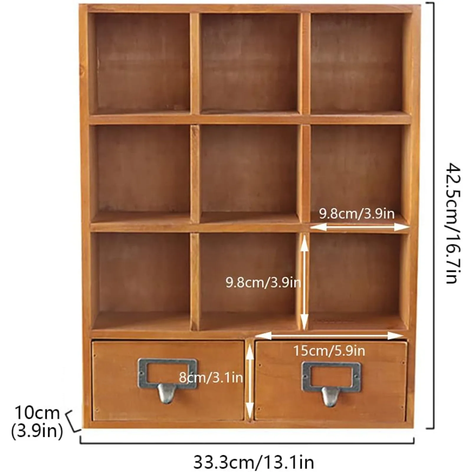 9 Compartment Vintage Wooden Storage Cabinet with 2 Drawers Multi-grid Display Organizer for Home Living Study Bedroom Decor Book Storage