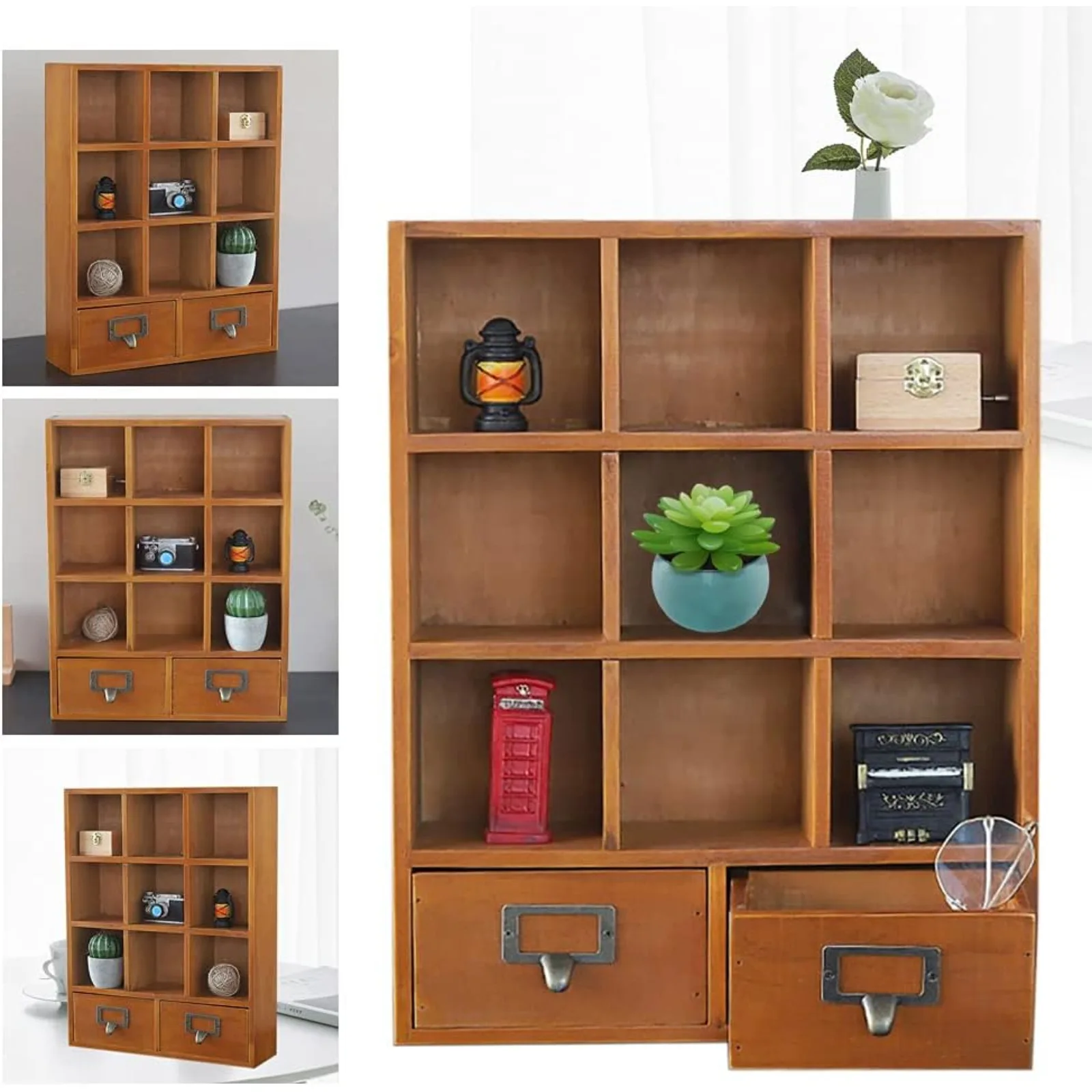 9 Compartment Vintage Wooden Storage Cabinet with 2 Drawers Multi-grid Display Organizer for Home Living Study Bedroom Decor Book Storage