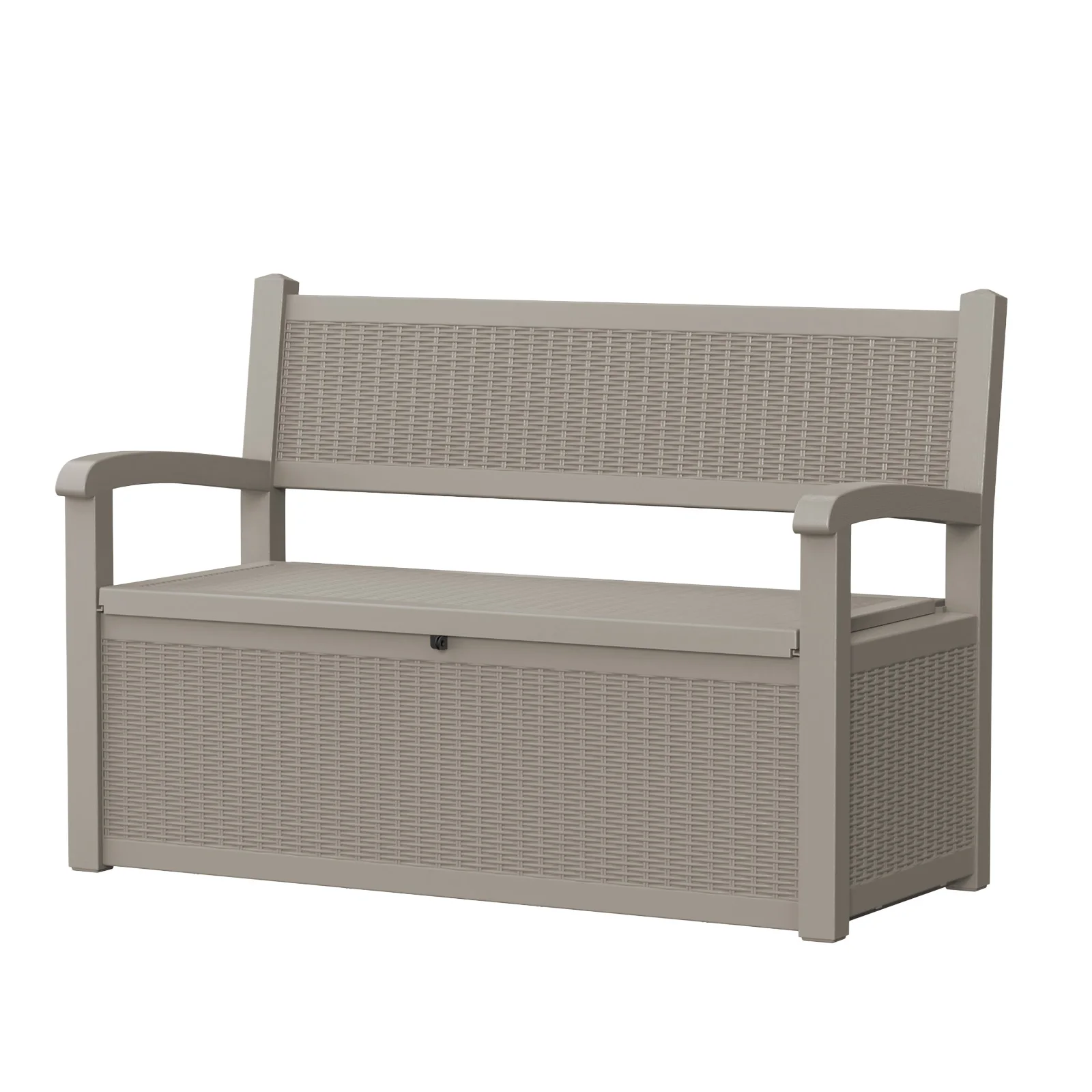 Outdoor Storage Bench with Rattan Look, Light Brown, Weatherproof Resin Patio Bench with Storage Box for Garden Backyard Poolside