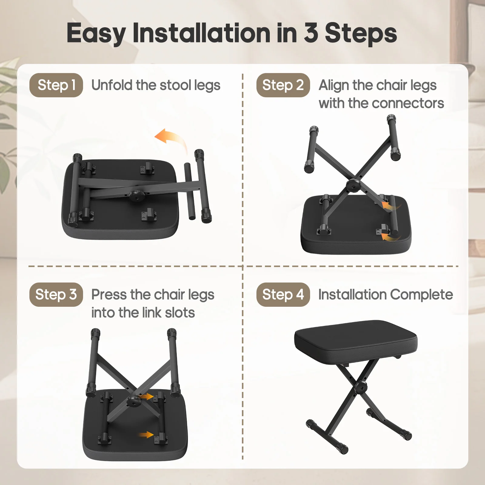 JHK X-shaped Adjustable Padded Folding Chairs for Living Room Sturdy Metal Collapsible Piano Guitar Stool with 2.56 Inch Thickness High-Density Sponge and 3-Position Height for Home