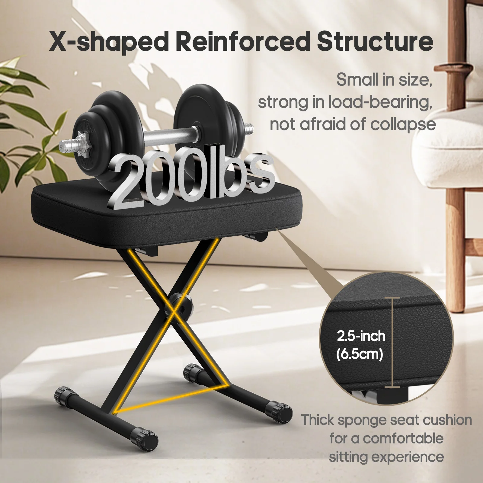 JHK X-shaped Adjustable Padded Folding Chairs for Living Room Sturdy Metal Collapsible Piano Guitar Stool with 2.56 Inch Thickness High-Density Sponge and 3-Position Height for Home