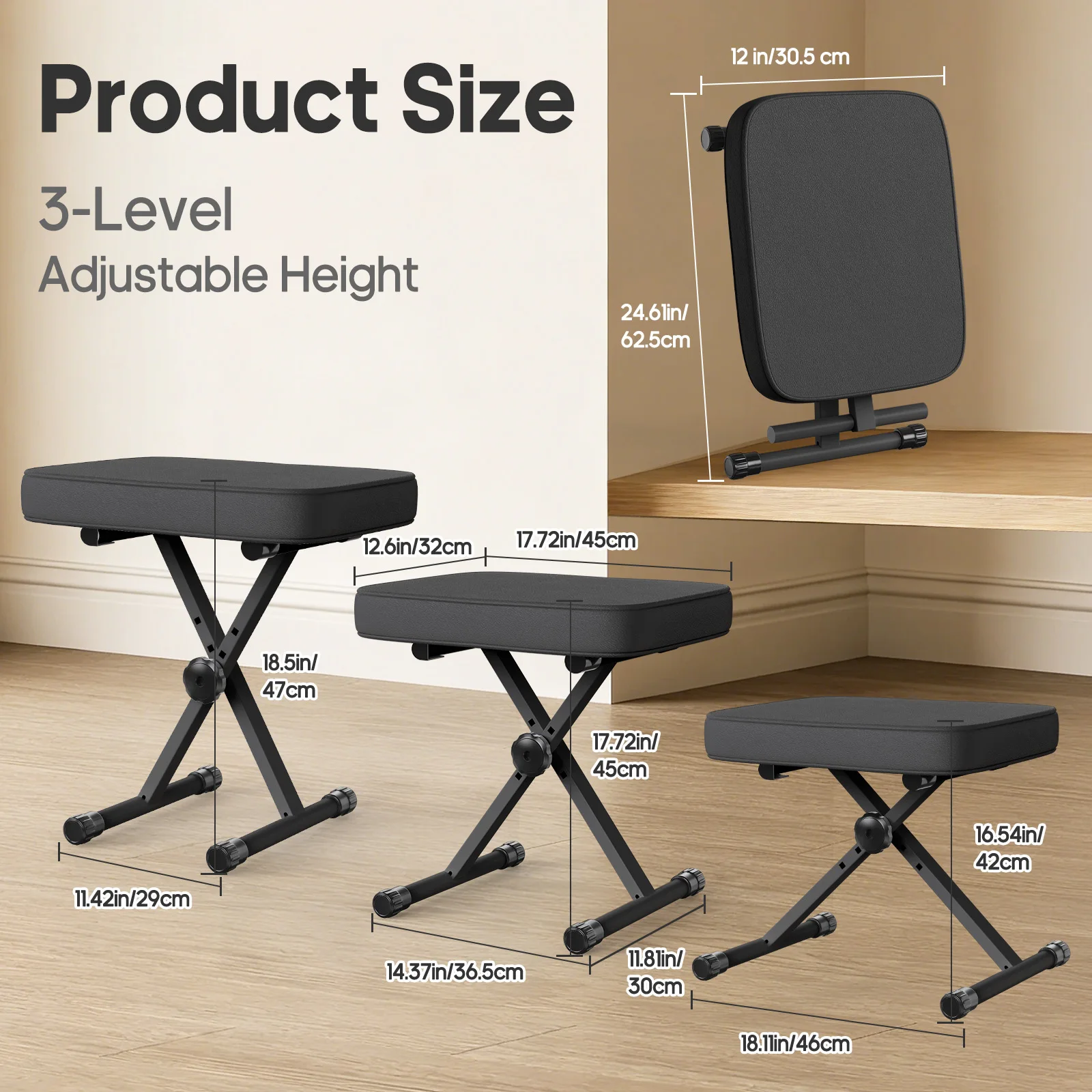 JHK X-shaped Adjustable Padded Folding Chairs for Living Room Sturdy Metal Collapsible Piano Guitar Stool with 2.56 Inch Thickness High-Density Sponge and 3-Position Height for Home