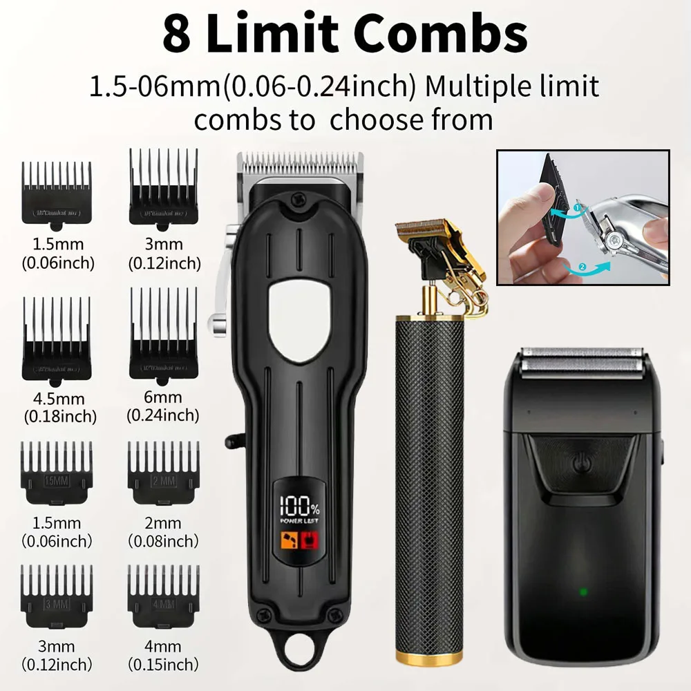 Professional Hair Clipper Set with LCD Display, Rechargeable Electric Trimmer for Men, Includes T-Outliner, Foil Shaver, Guide Combs & Accessories