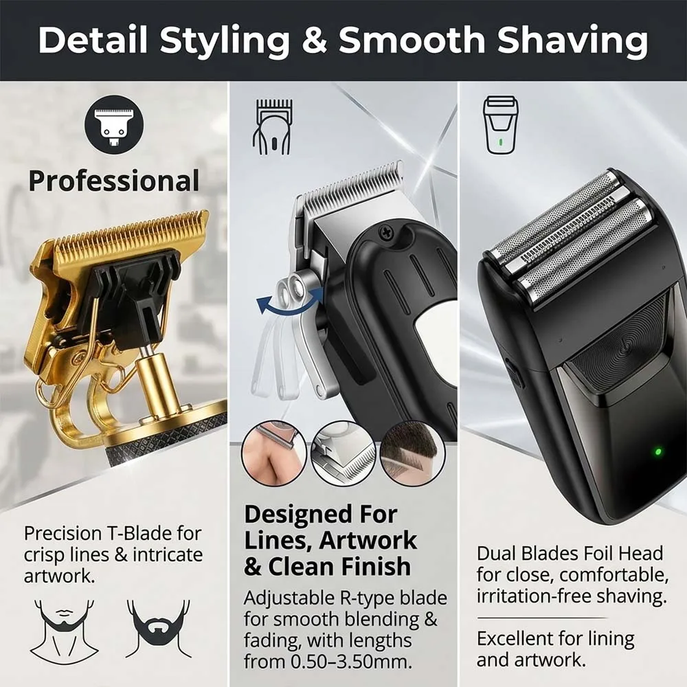 Professional Hair Clipper Set with LCD Display, Rechargeable Electric Trimmer for Men, Includes T-Outliner, Foil Shaver, Guide Combs & Accessories
