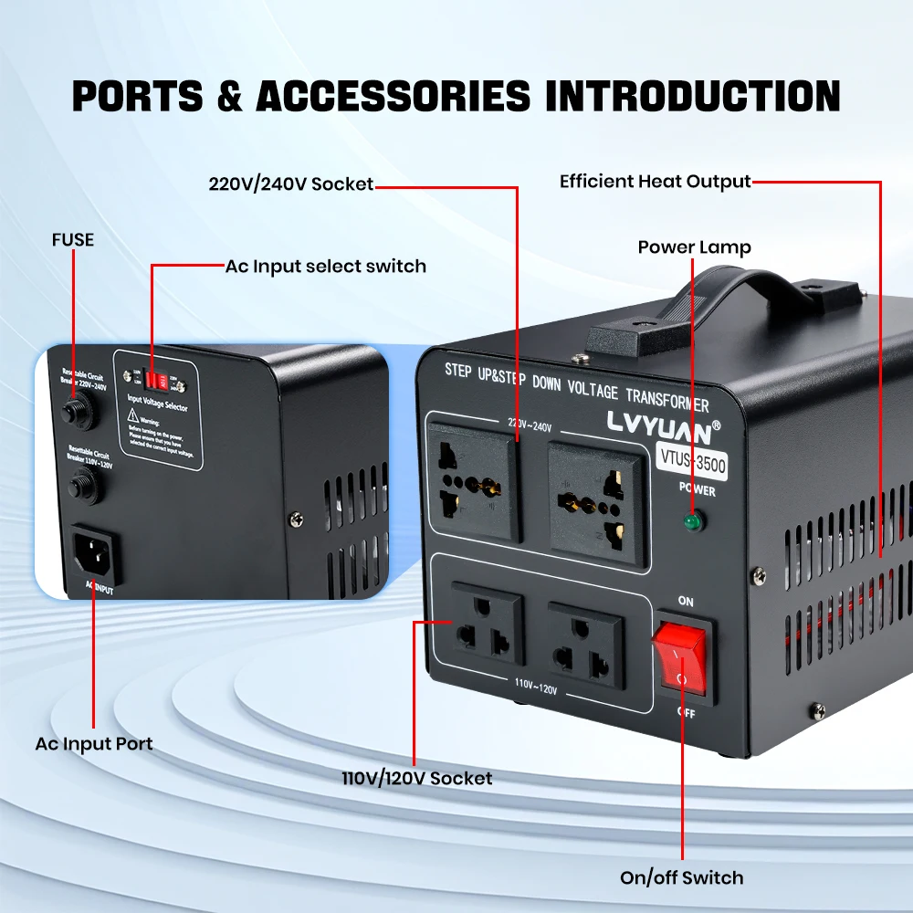 Lvyuan Voltage Converter Transformer 700VA/3500VA/6000VA Heavy Duty Step Up/Down Transformer with US&UN Outlet 5V USB Port