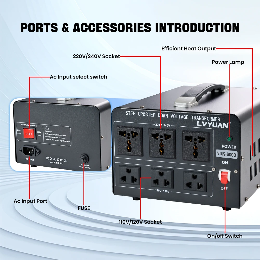Lvyuan Voltage Converter Transformer 700VA/3500VA/6000VA Heavy Duty Step Up/Down Transformer with US&UN Outlet 5V USB Port