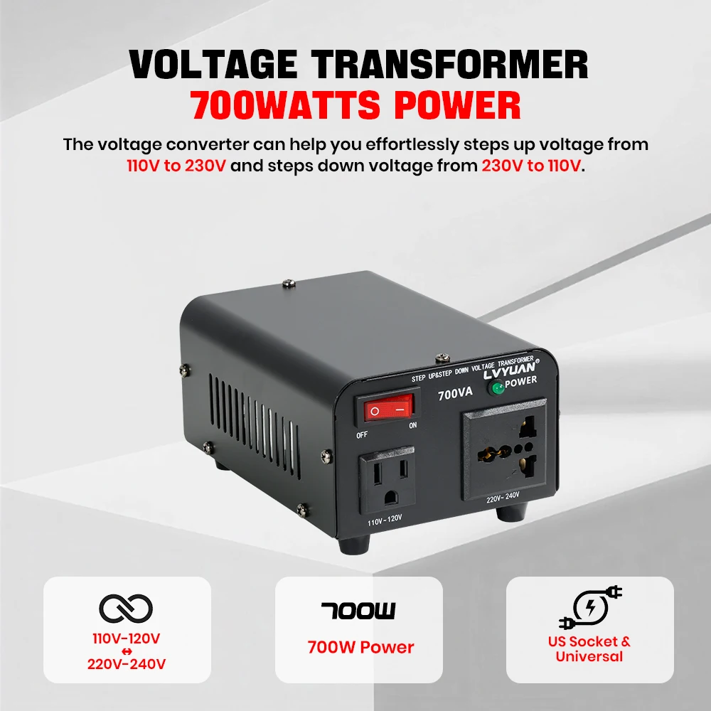 Lvyuan Voltage Converter Transformer 700VA/3500VA/6000VA Heavy Duty Step Up/Down Transformer with US&UN Outlet 5V USB Port