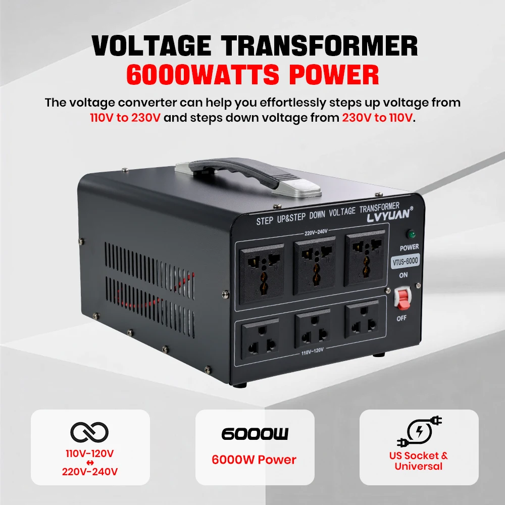 Lvyuan Voltage Converter Transformer 700VA/3500VA/6000VA Heavy Duty Step Up/Down Transformer with US&UN Outlet 5V USB Port