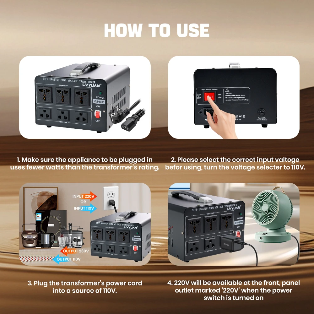 Lvyuan Voltage Converter Transformer 700VA/3500VA/6000VA Heavy Duty Step Up/Down Transformer with US&UN Outlet 5V USB Port
