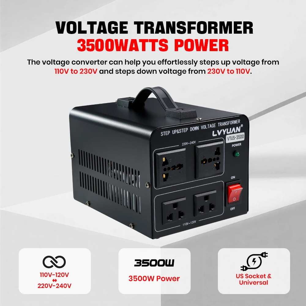Lvyuan Voltage Converter Transformer 700VA/3500VA/6000VA Heavy Duty Step Up/Down Transformer with US&UN Outlet 5V USB Port