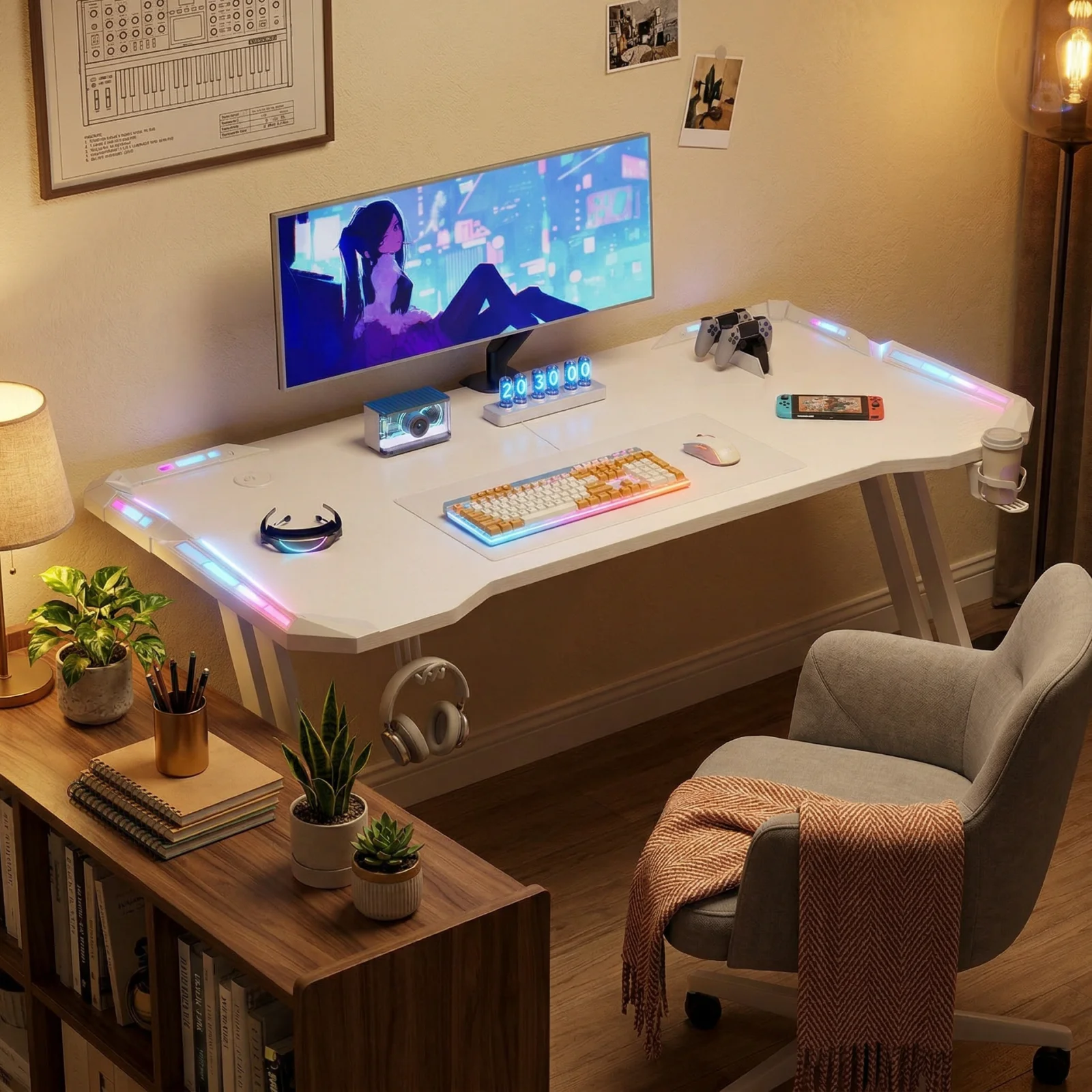 47/55/63inch Gaming Desk, Carbon Fibre Gaming Table with LED Lights, Z Shaped Ergonomic Desk with Cup Holder & Headphone Hook, White