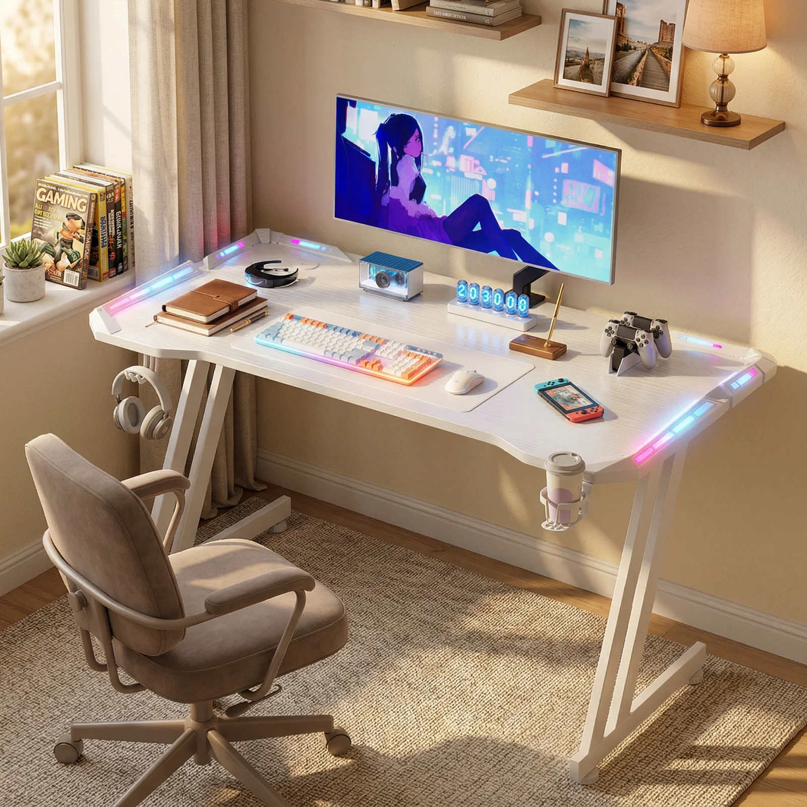 47/55/63inch Gaming Desk, Carbon Fibre Gaming Table with LED Lights, Z Shaped Ergonomic Desk with Cup Holder & Headphone Hook, White