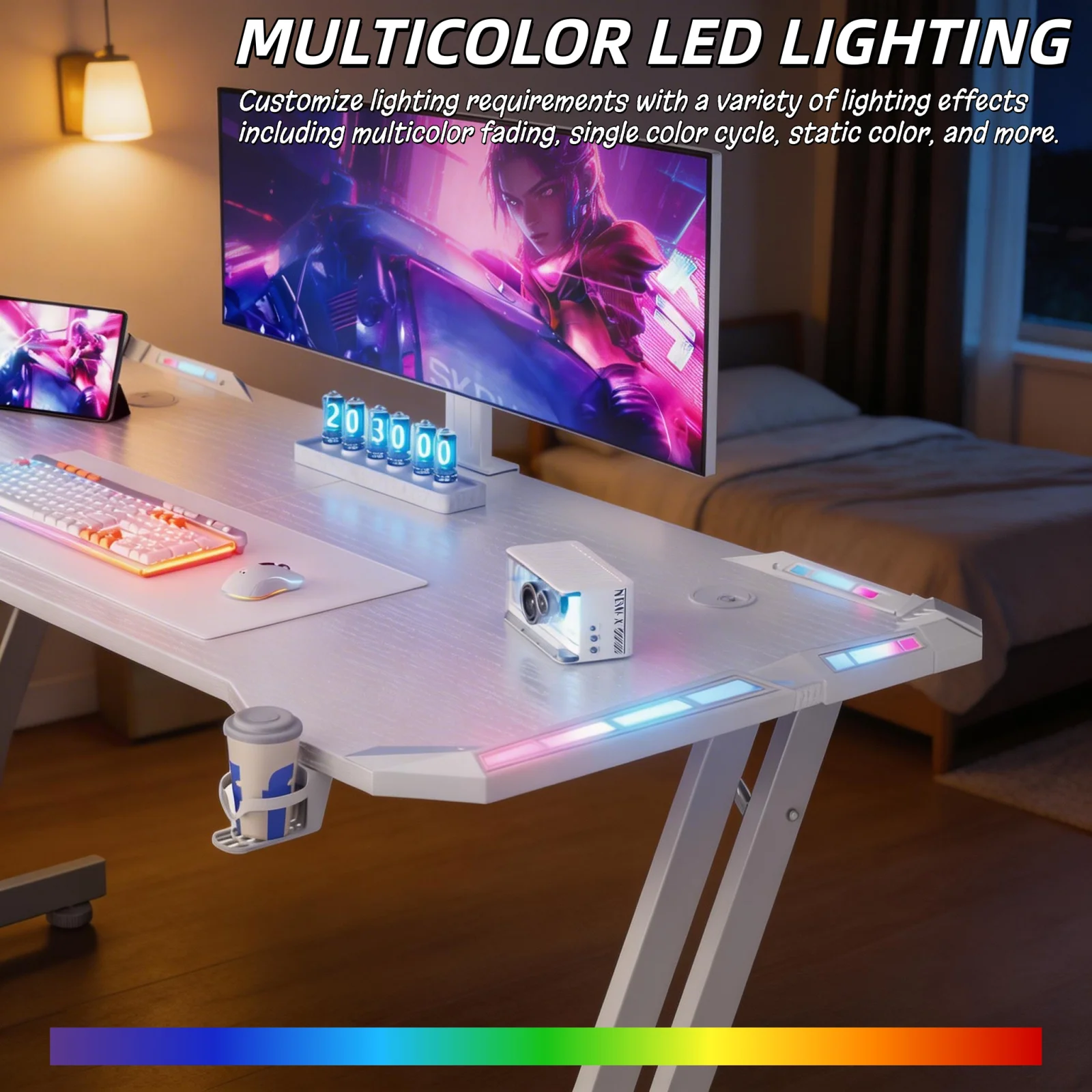 47/55/63inch Gaming Desk, Carbon Fibre Gaming Table with LED Lights, Z Shaped Ergonomic Desk with Cup Holder & Headphone Hook, White