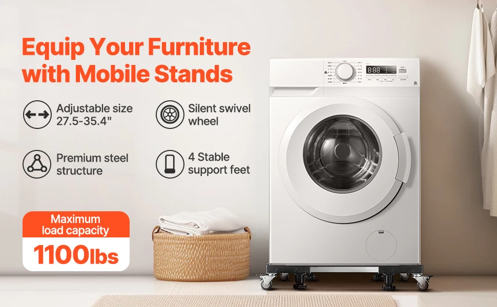 SucceBuy 1100 lbs Furniture Mover Dolly Fridge Stand with 8 Locking Twin Wheels 27.5 -35.4in Adjustable Mobile Base for Washer