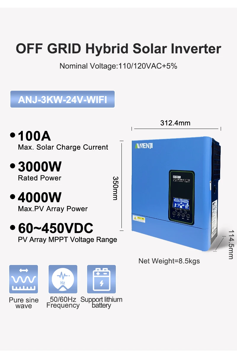 24V 3000W 120V off grid solar inverter 4000W maximum PV input pure sine wave built-in 100A MPPT hybrid inverter US stock