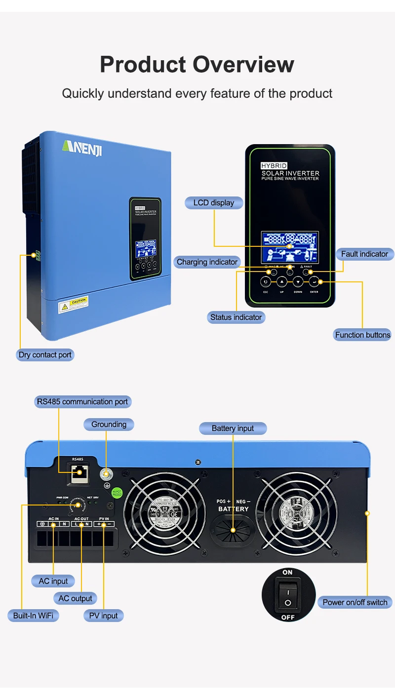 24V 3000W 120V off grid solar inverter 4000W maximum PV input pure sine wave built-in 100A MPPT hybrid inverter US stock