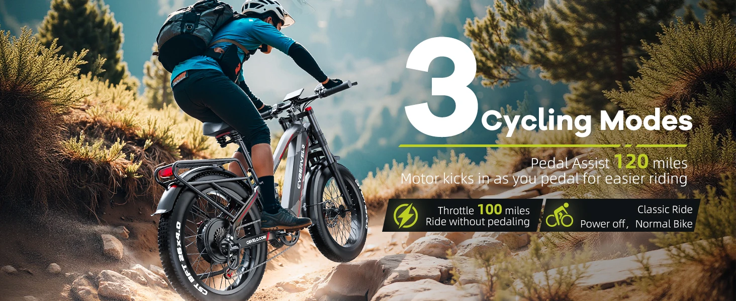 Cybervelo 5000W Peak Fat Tire Electric Bike 26"x4.0 All Terrain Mountain Commuter Ebike 7-Speed Up to 120 Miles 52V 40Ah/60V 50Ah Battery EK9