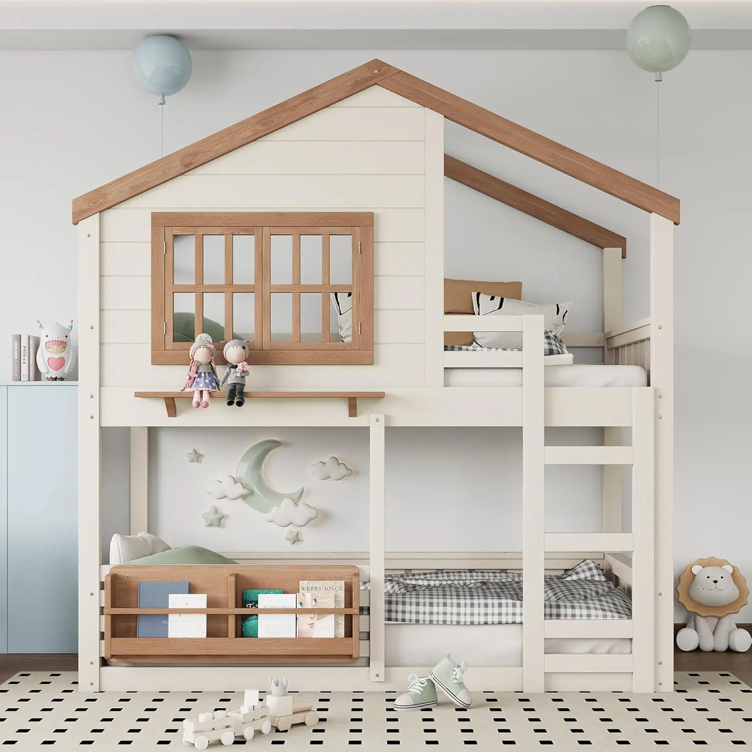 Twin House Bunk Bed Window Roof Bookshelf Wood Frame Ladder Guardrail Kids Playhouse Space Saver, Customized