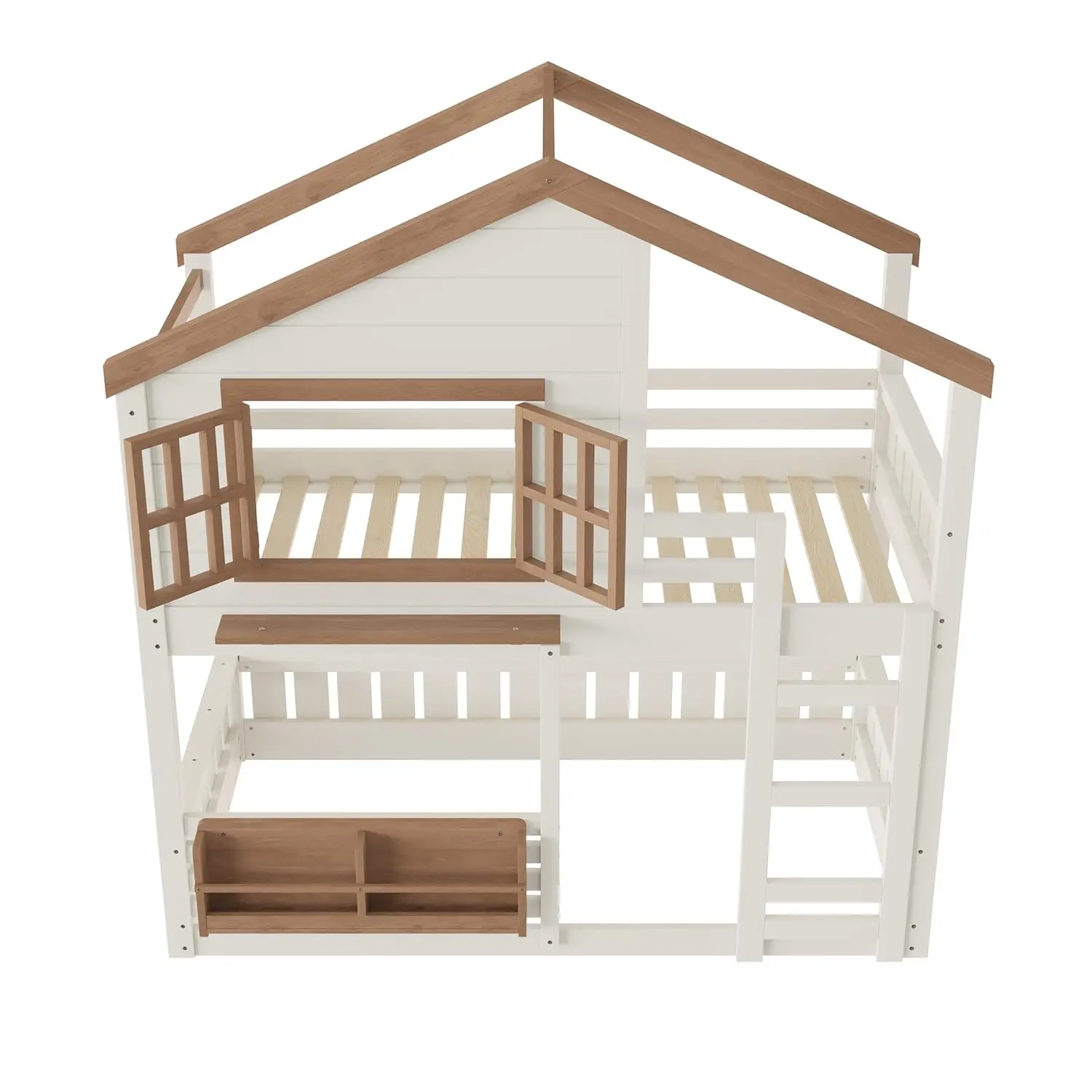 Twin House Bunk Bed Window Roof Bookshelf Wood Frame Ladder Guardrail Kids Playhouse Space Saver, Customized