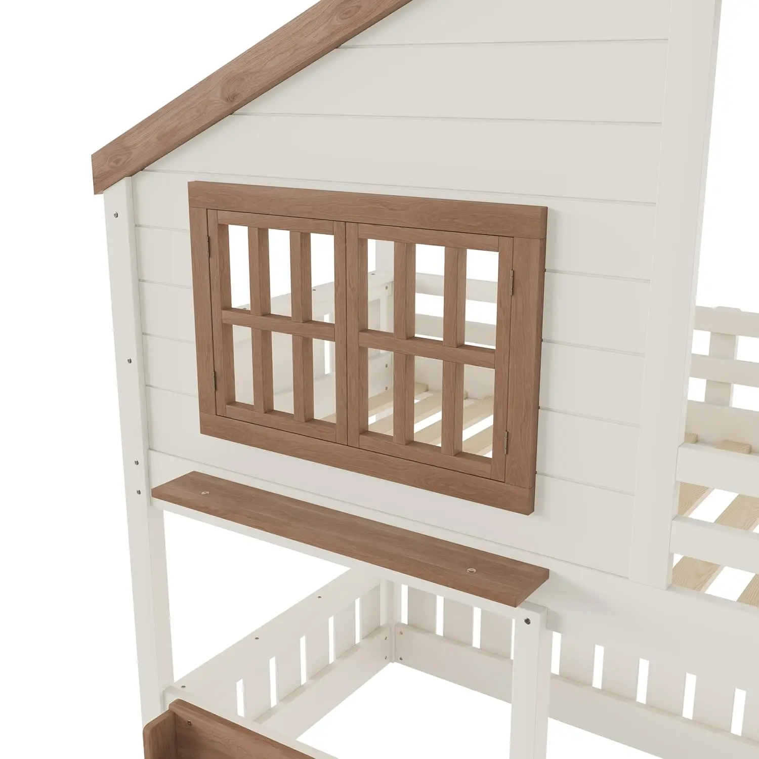 Twin House Bunk Bed Window Roof Bookshelf Wood Frame Ladder Guardrail Kids Playhouse Space Saver, Customized