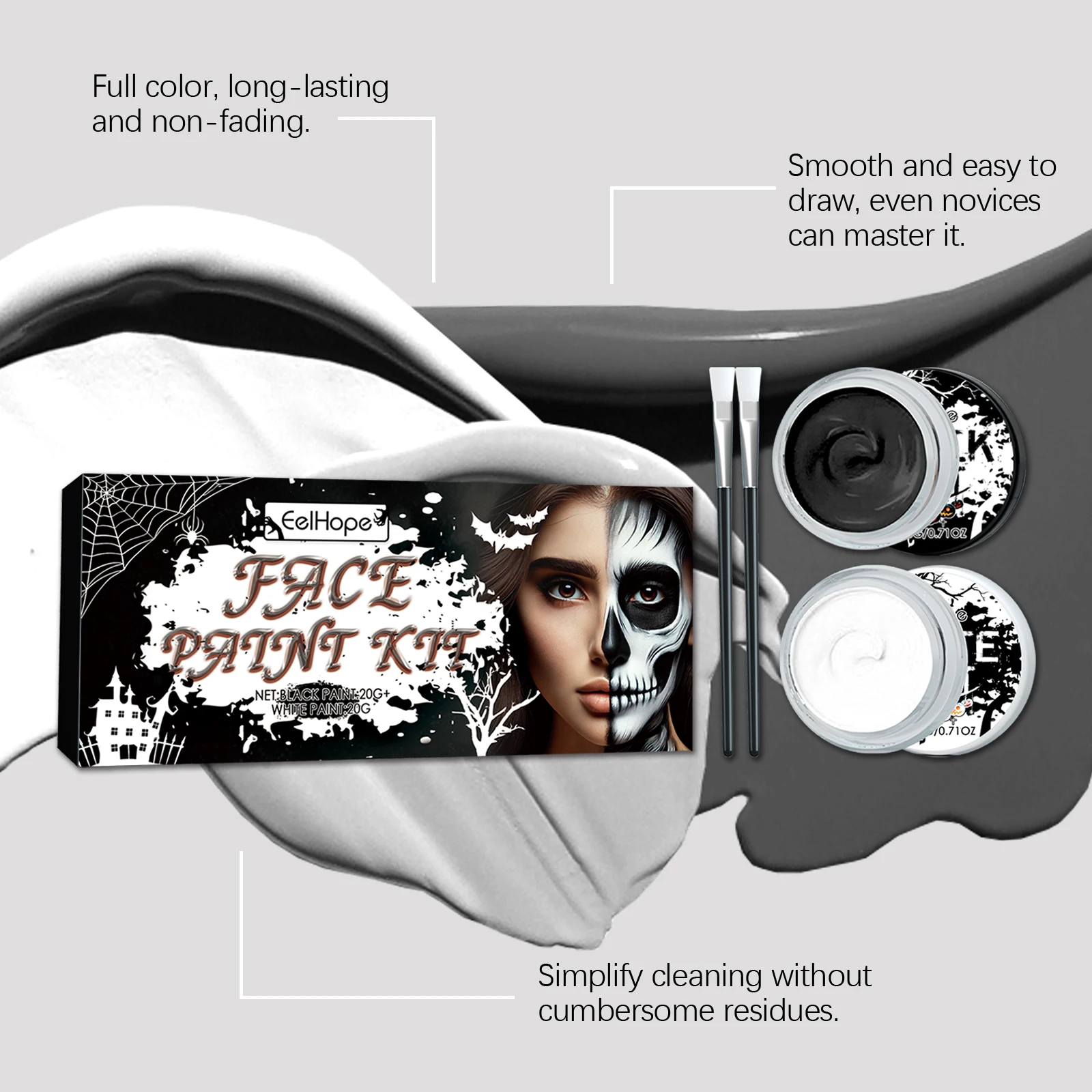 Eelhope Halloween Black White Body Paint Professional Face Body Art Makeup Smudge Proof Waterproof Body Paint for Costume Party