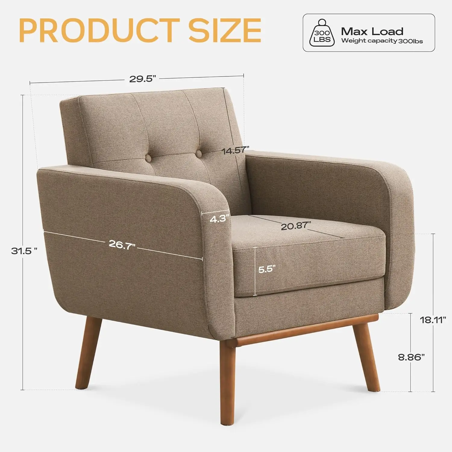 Fabric Accent Chair Set of 2 Button Tufted Upholstered Arm Chair Mid Century Living Room Bedroom Study Office Brown Customized