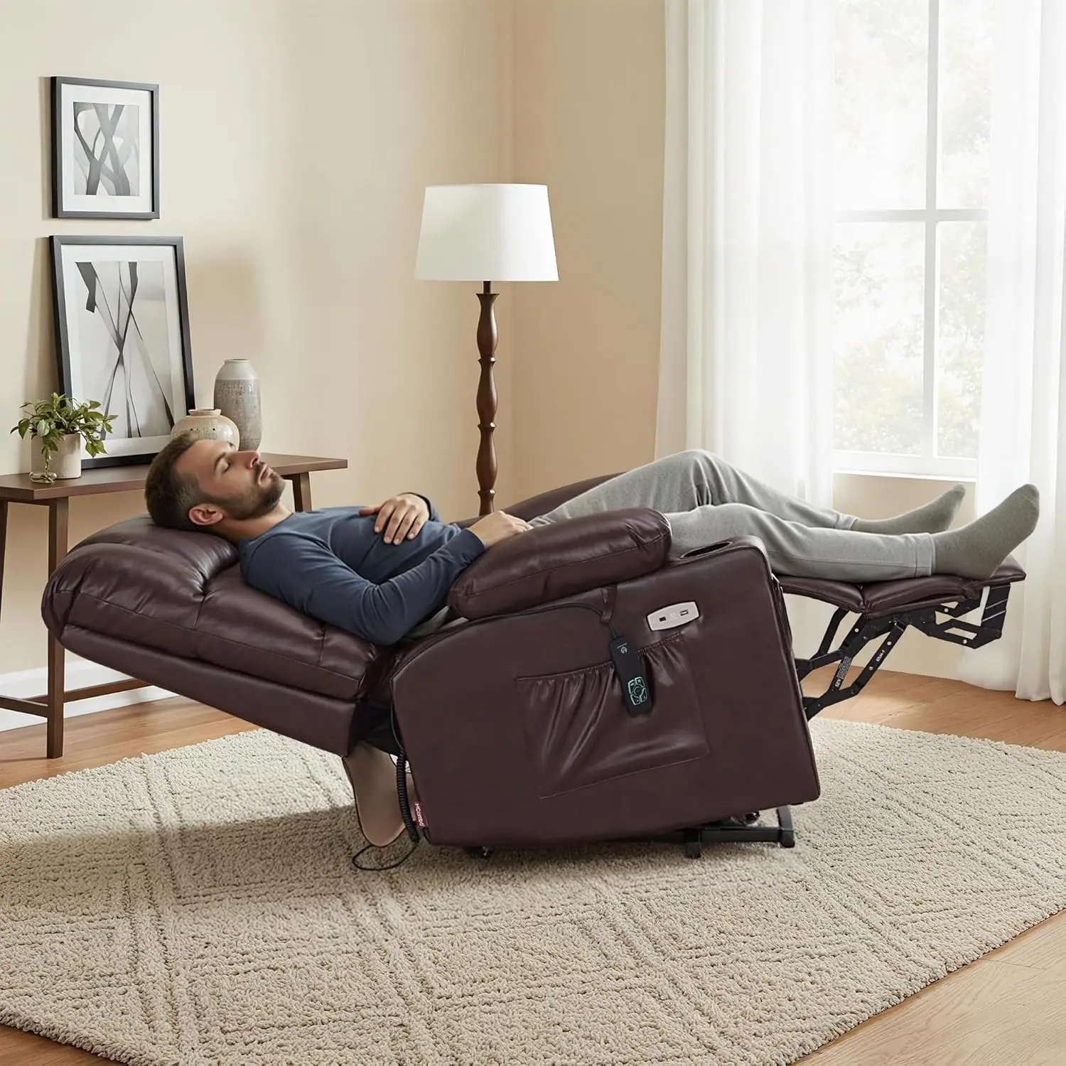 Large Dual Motor Power Lift Recliner Chair for Elderly, Massage and Heat, Lay Flat, Zero Gravity, Home Button, USB Port, Faux Le