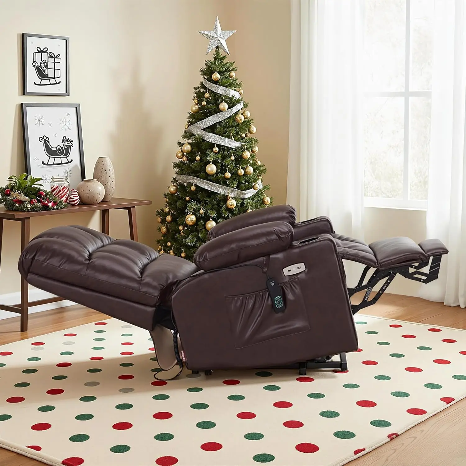 Large Dual Motor Power Lift Recliner Chair for Elderly, Massage and Heat, Lay Flat, Zero Gravity, Home Button, USB Port, Faux Le