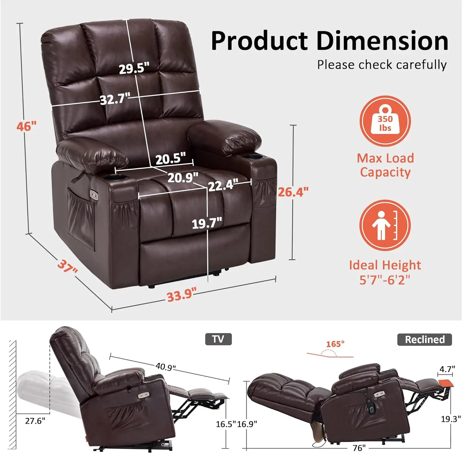 Large Dual Motor Power Lift Recliner Chair for Elderly, Massage and Heat, Lay Flat, Zero Gravity, Home Button, USB Port, Faux Le