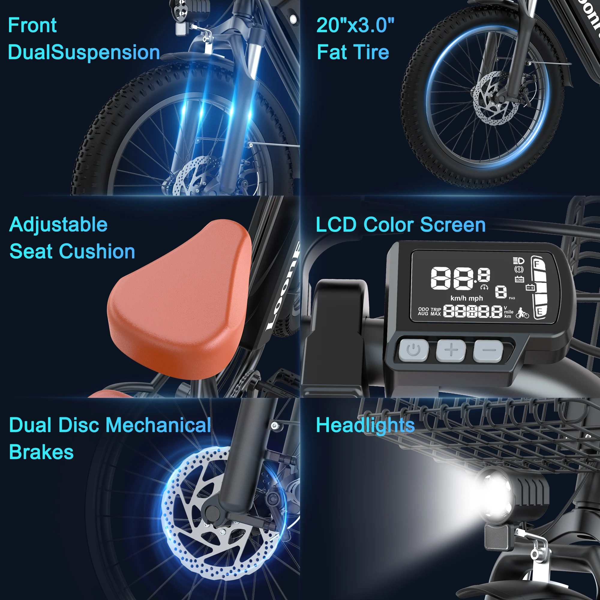 LoonFat T20 Black Adult Ebike 1000W Motor 25 MPH Speed Limiter 48V 15.6Ah Lithium Battery 170 Lbs Max Load Cable Brakes