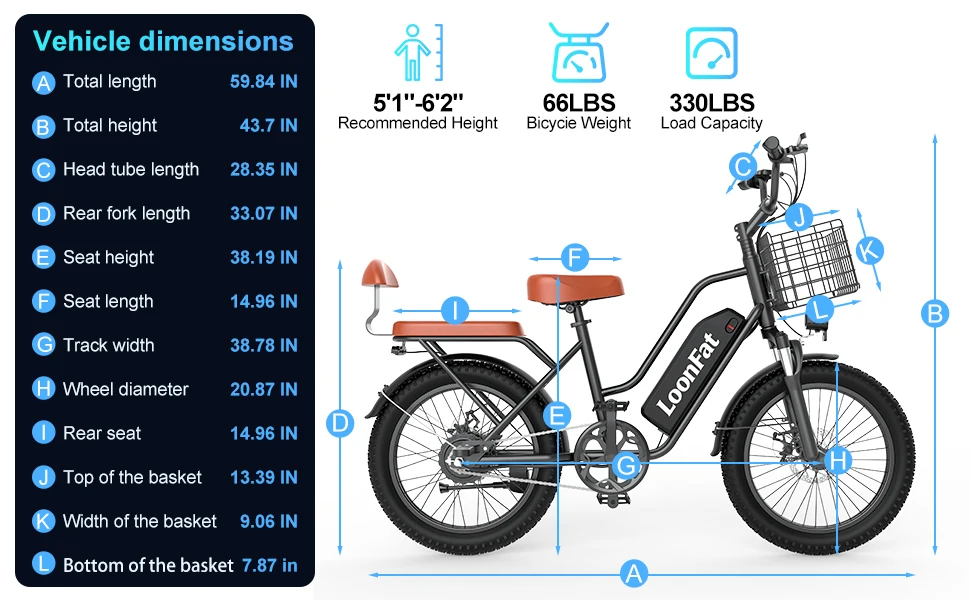 LoonFat T20 Black Adult Ebike 1000W Motor 25 MPH Speed Limiter 48V 15.6Ah Lithium Battery 170 Lbs Max Load Cable Brakes